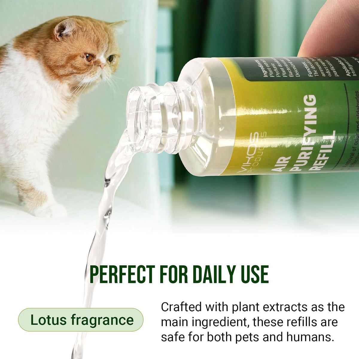 Close up of the fresh lotus scent label on the pet air purifying liquid