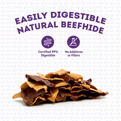 Thick premium quality American beefhide dog treats displayed out of the packaging bag