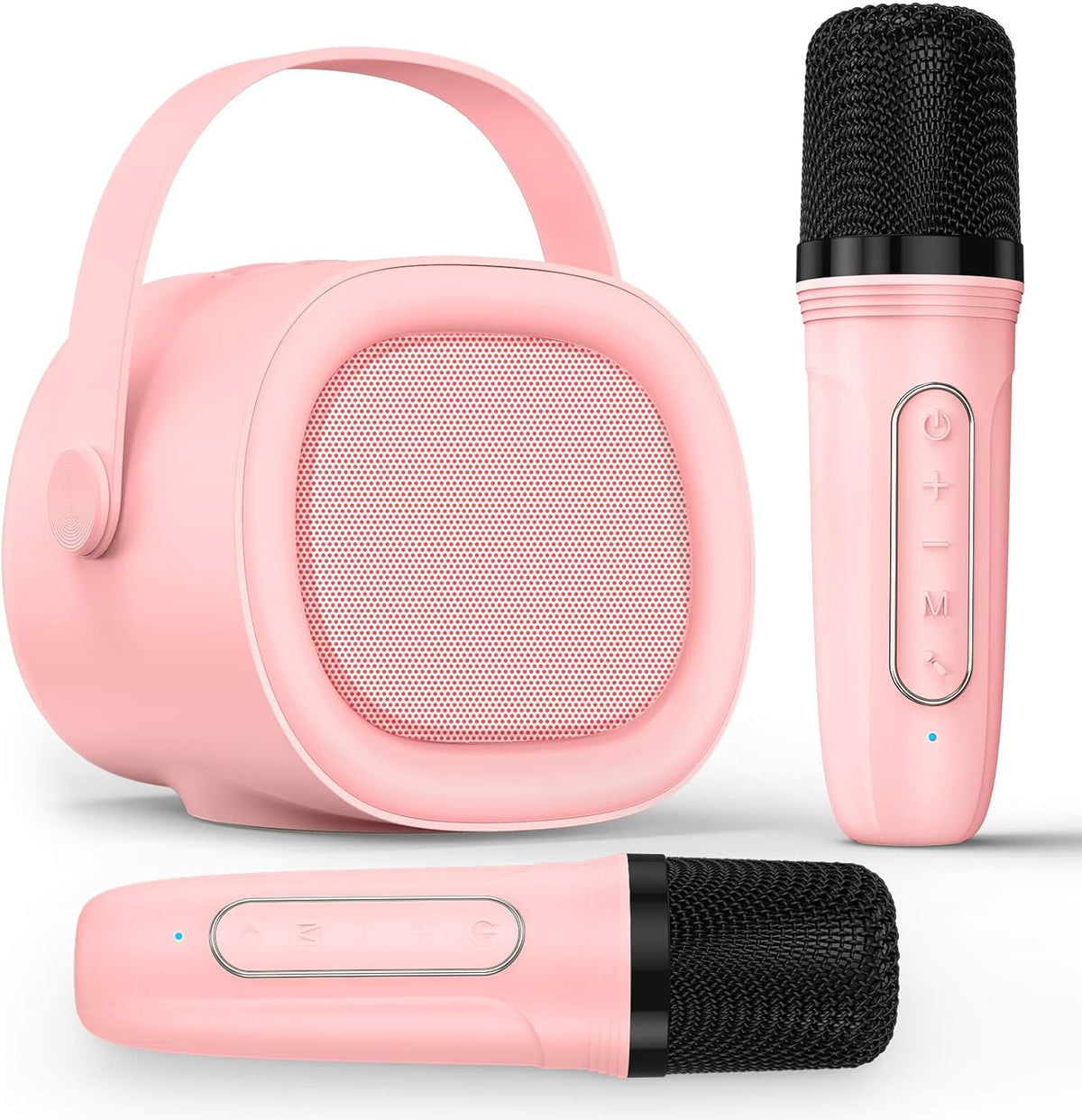 LENRUE karaoke machine for kids front view showing the pink speaker with handle and dual wireless microphones.