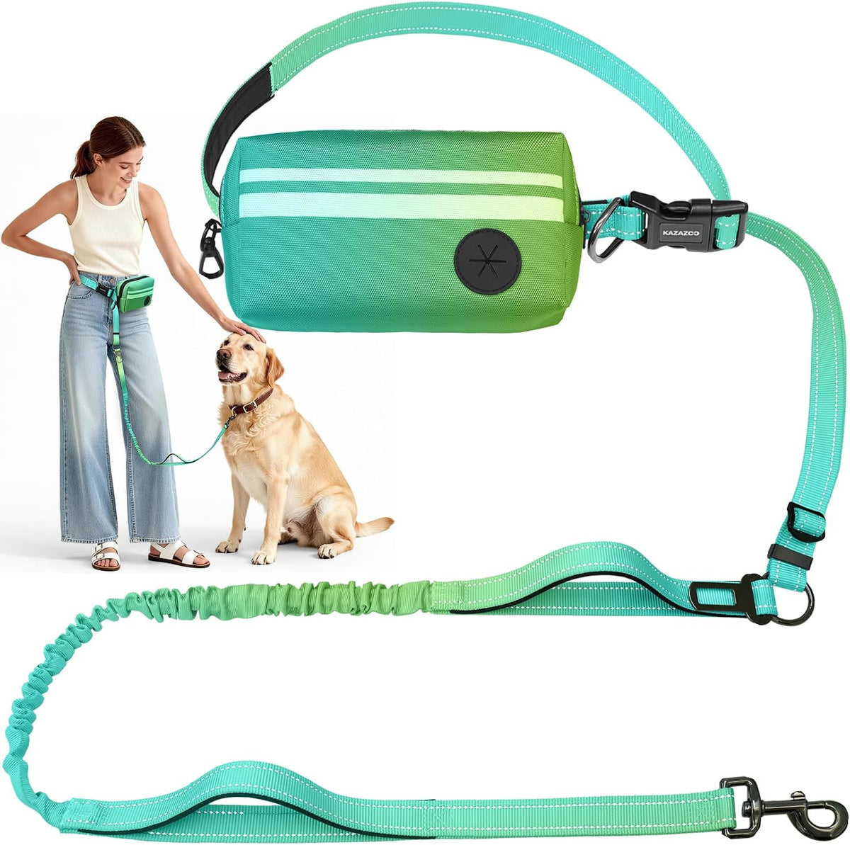 Kazazoo hands free dog leash front view showing cyan bungee and waist belt setup