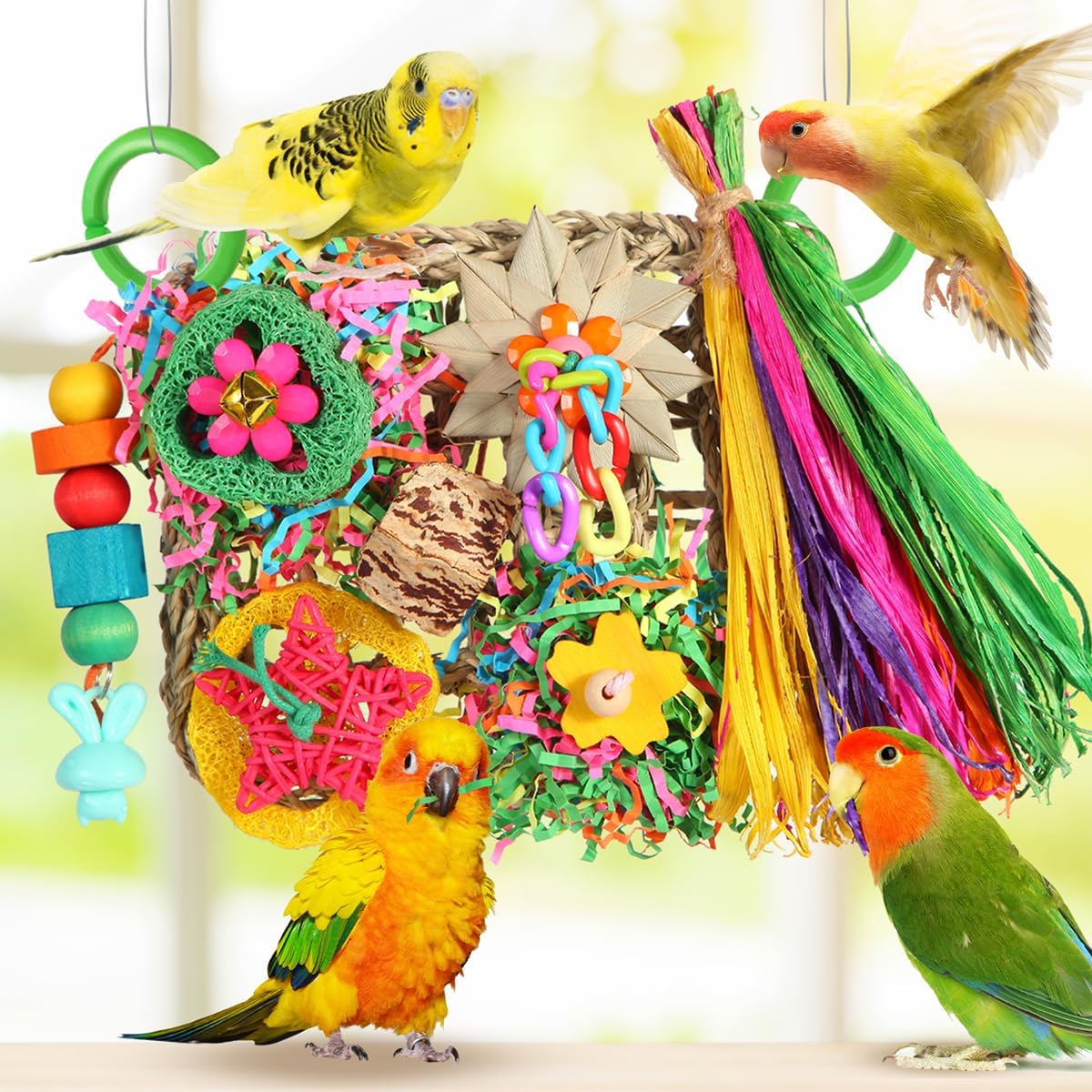 YIXUND parrot grass mat hanging horizontally as an interactive hammock for small to medium birds.