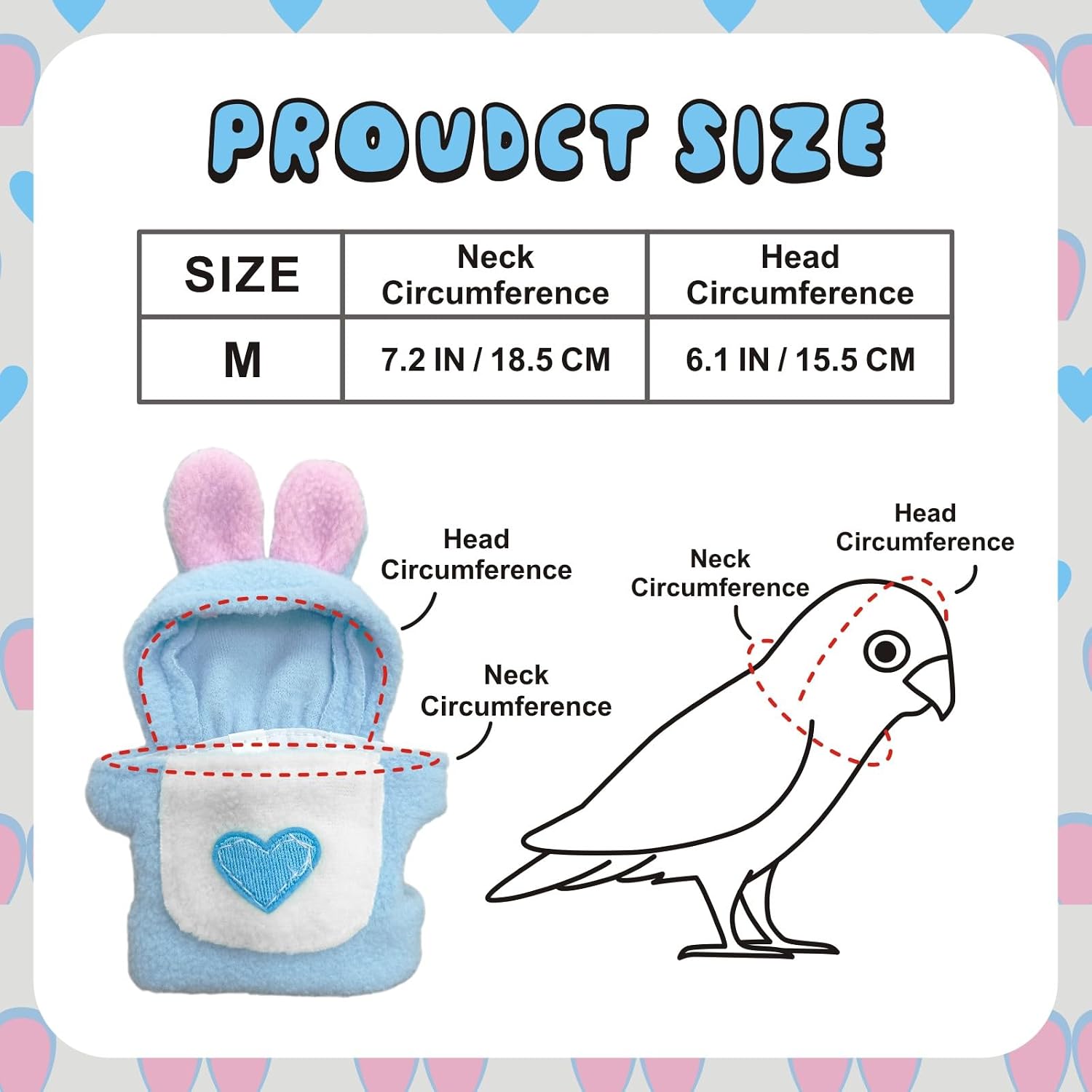 HELAIMAY bird flight suit showcasing the plush pink rabbit ears and heart pattern bellyband.