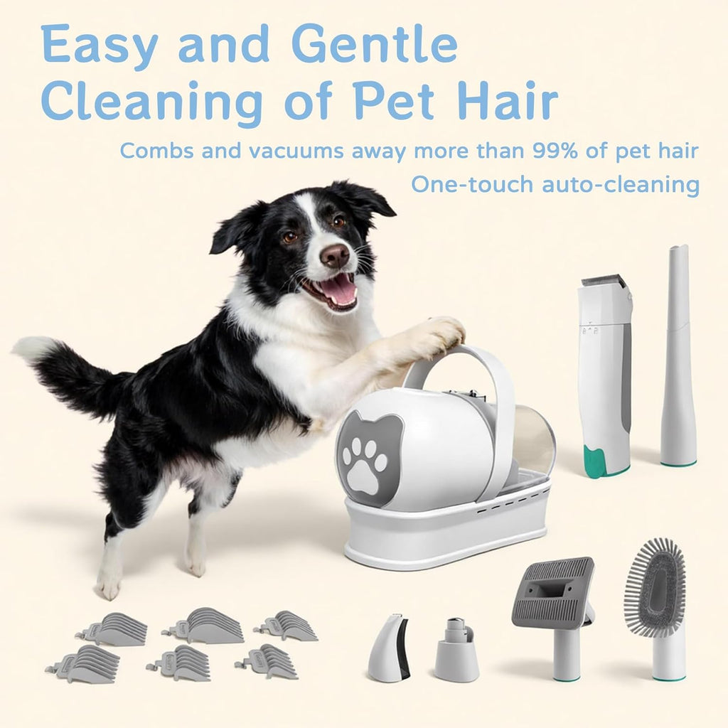 8VR Pet Grooming Vacuum showing the large two-liter dust canister and flexible extension hose.