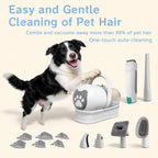8VR Pet Grooming Vacuum showing the large two-liter dust canister and flexible extension hose.