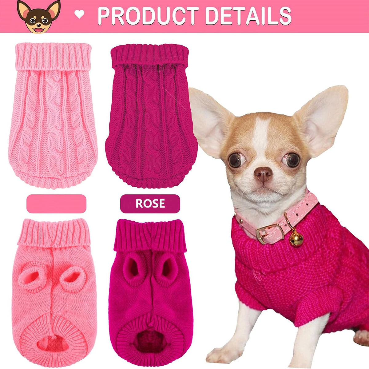 Back view of the double extra small pet winter outfit highlighting the braid pattern