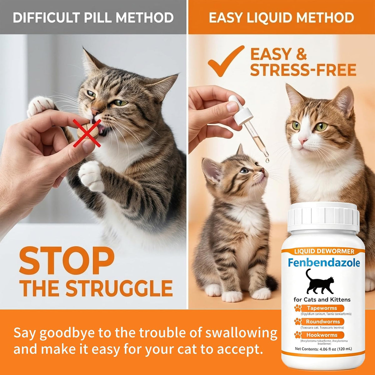 Easy to administer liquid pet dewormer mixed with cat food for stress-free dosing
