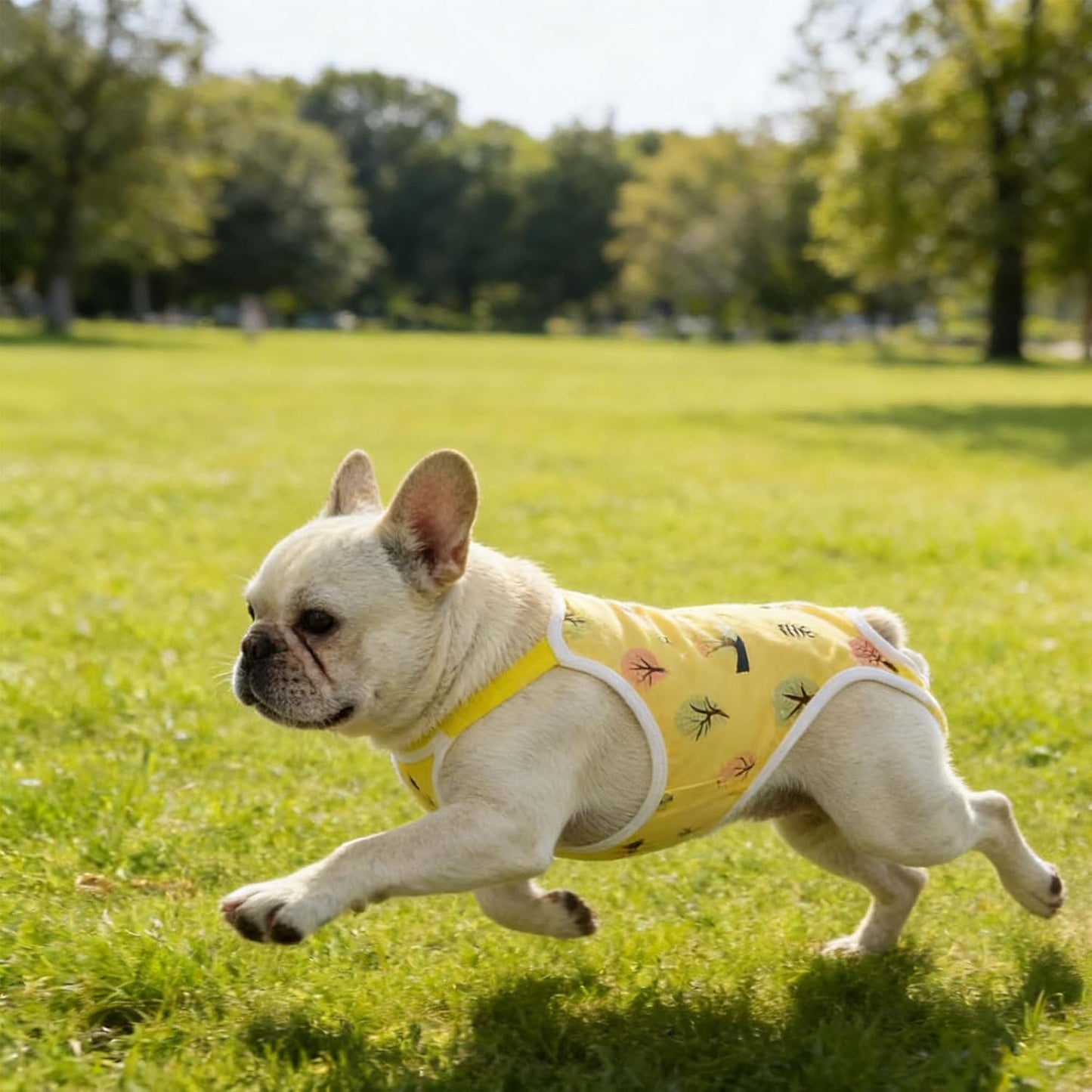 Dreamls adjustable pet suspender pants showing the yellow tree pattern design.