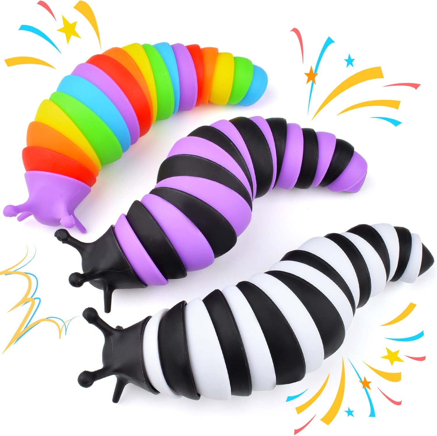 Cevioce 3D Articulated Fidget Slug Toy Three Pack front view showing colorful sensory toys for autism relief.