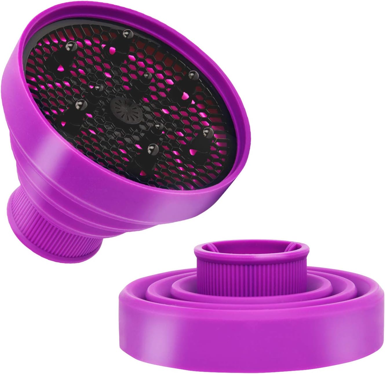 WAJIAYON universal collapsible hair dryer diffuser attachment front view showcasing the purple silicone material.