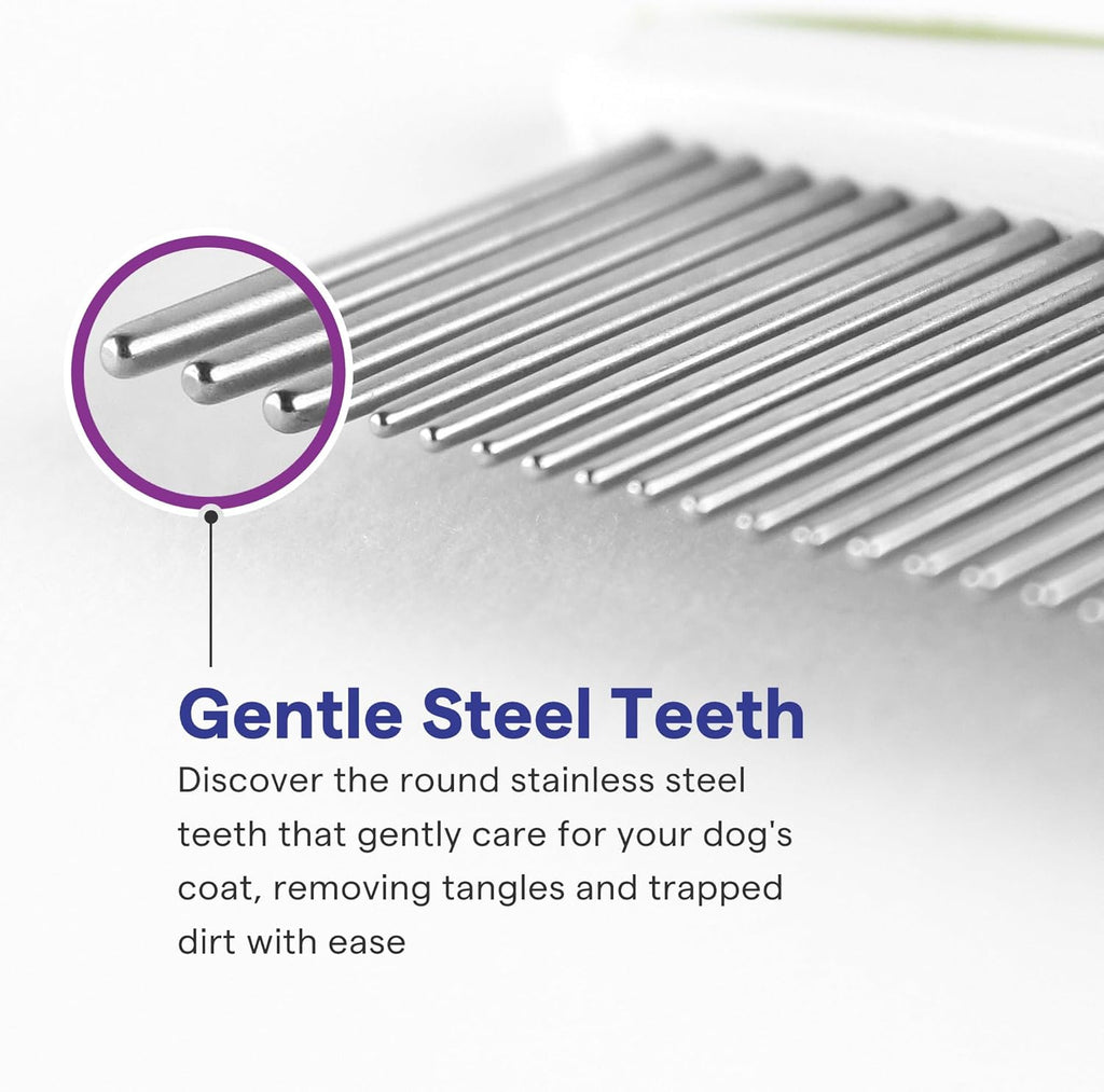 Side profile of the premium stainless steel pet comb illustrating the sturdy bend proof pins.