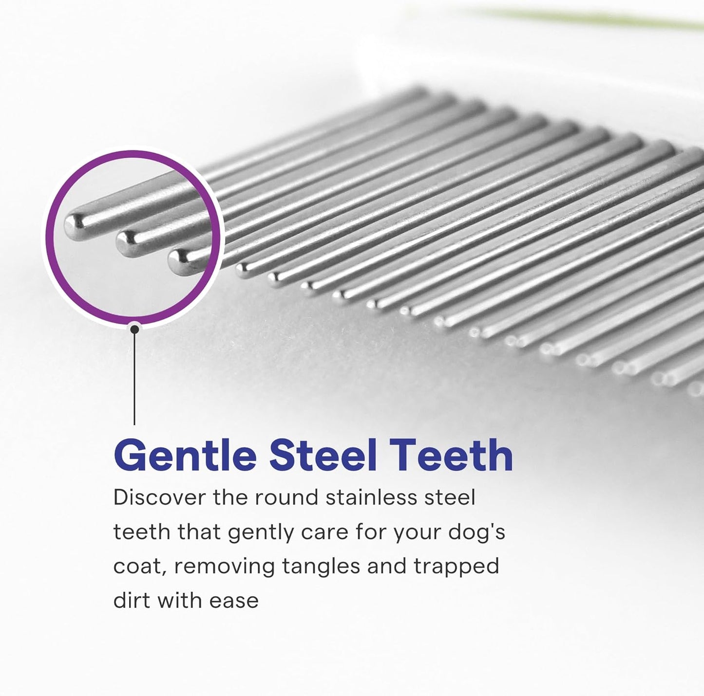 Side profile of the premium stainless steel pet comb illustrating the sturdy bend proof pins.