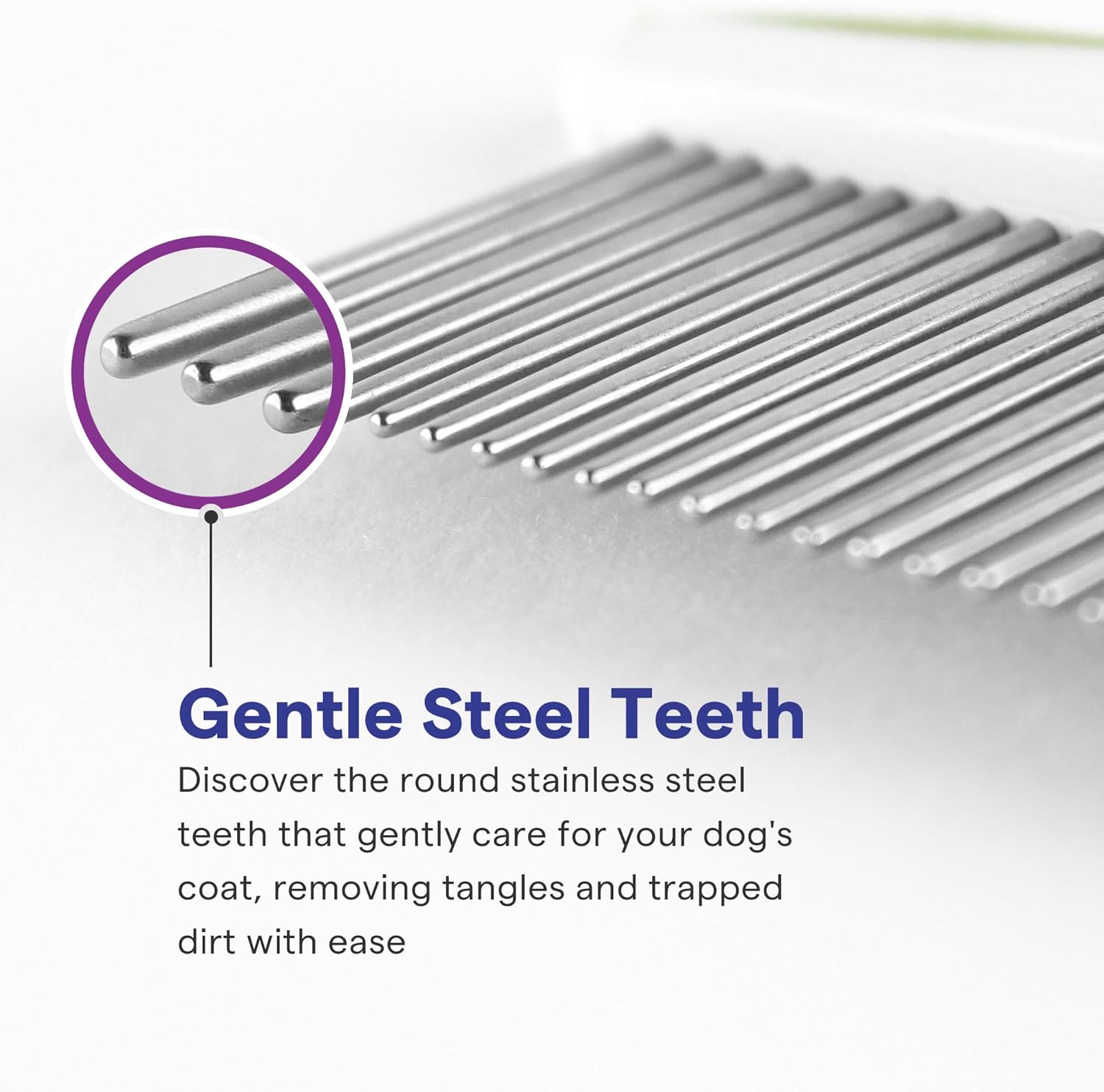 Side profile of the premium stainless steel pet comb illustrating the sturdy bend proof pins.