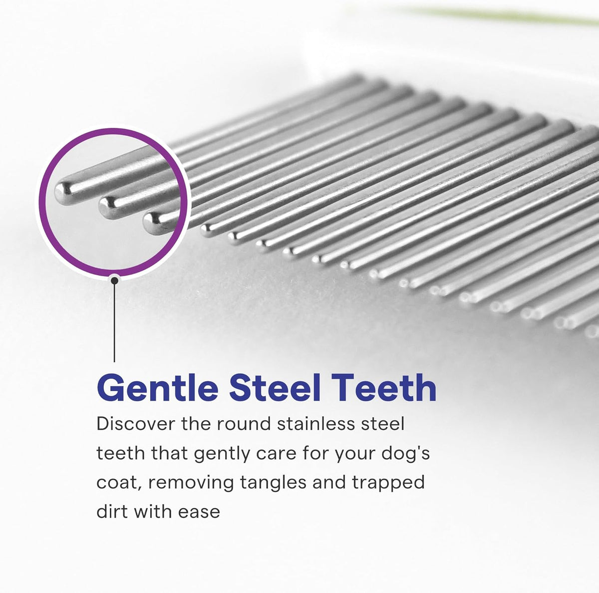 Side profile of the premium stainless steel pet comb illustrating the sturdy bend proof pins.