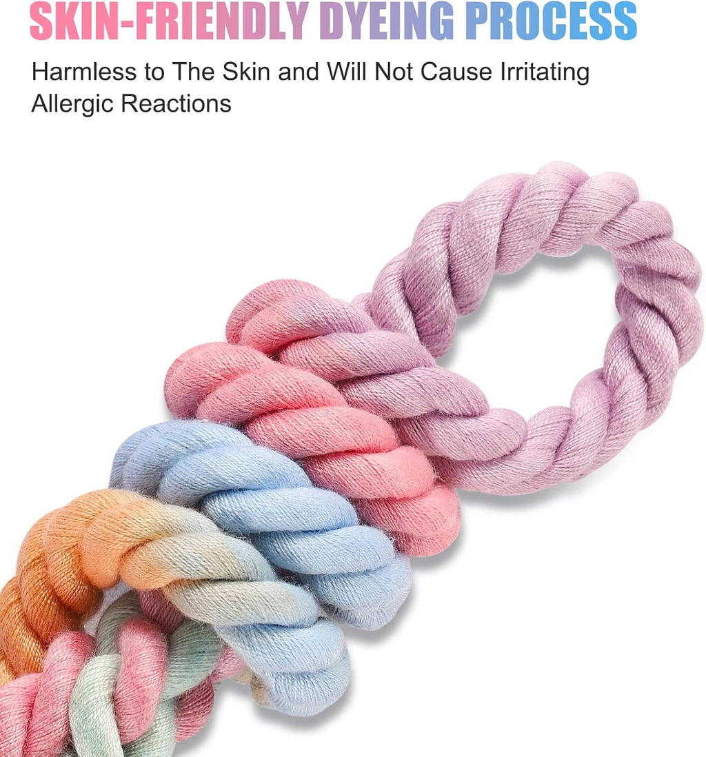 Five feet long cotton rope dog leash laid flat showcasing vibrant rainbow macaron style.