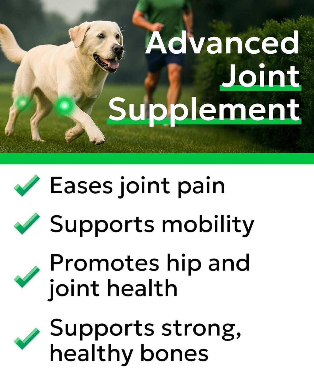 Bark And Spark advanced hip and joint soft chews packaging showing daily weight dosage chart