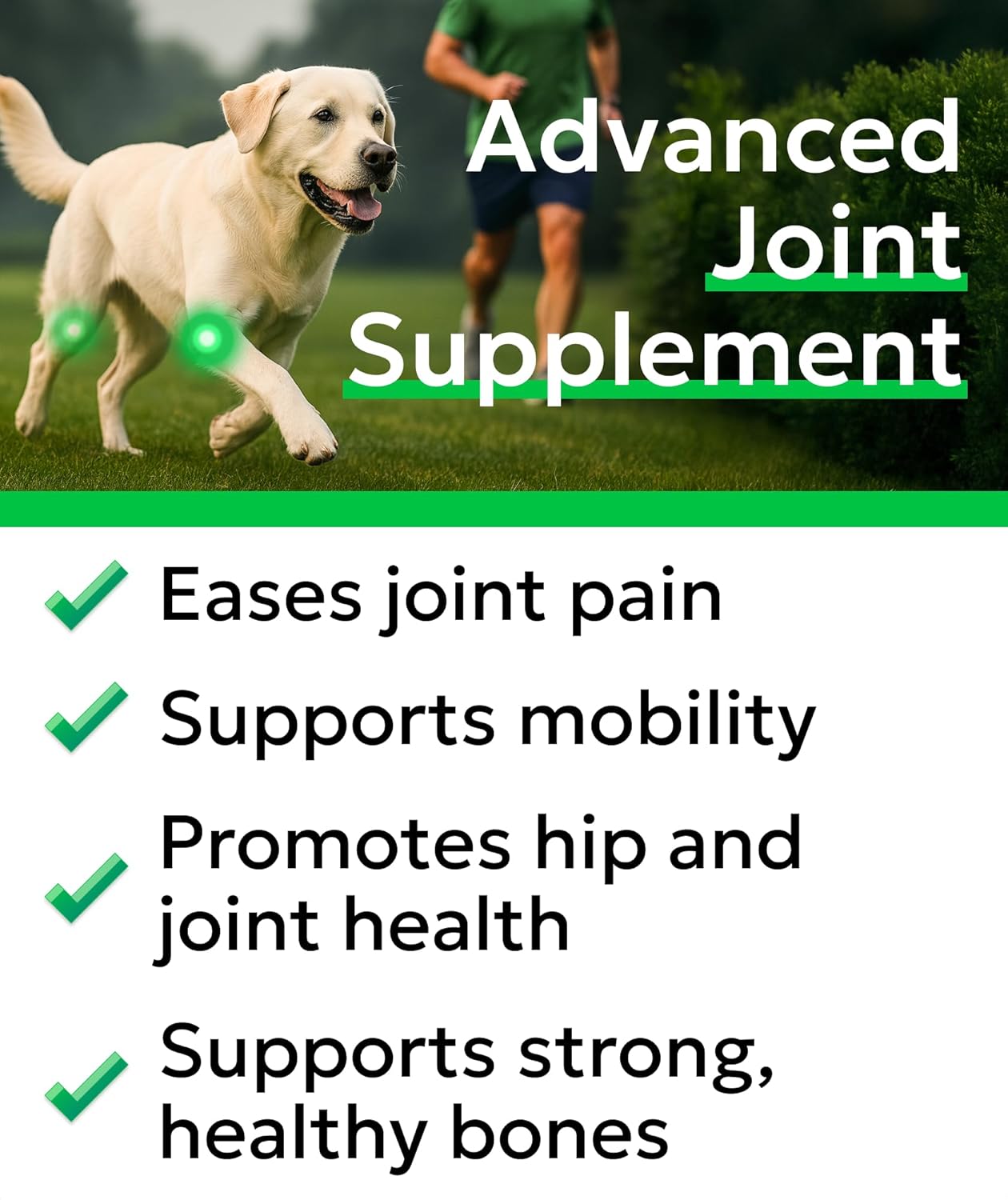 Bark And Spark advanced hip and joint soft chews packaging showing daily weight dosage chart