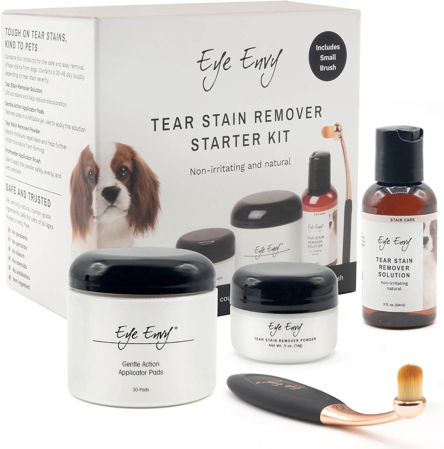 Eye Envy Dog Tear Stain Remover Starter Kit front view showing solution and powder bottles.