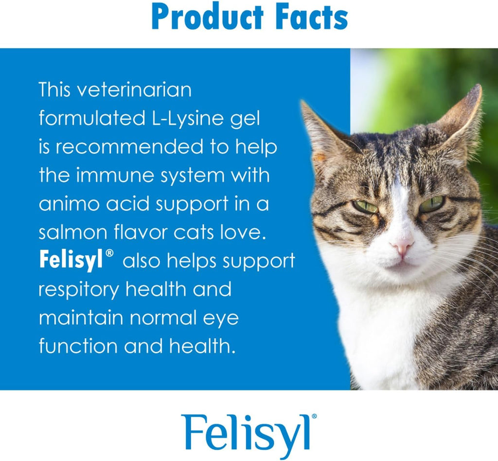 Text on packaging highlighting 250 mg L-Lysine for cat immune support