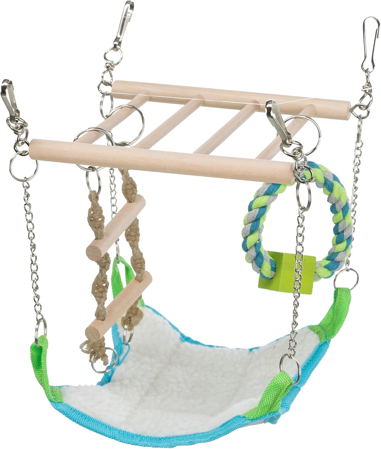 Trixie small animal suspension bridge front view with hanging toys