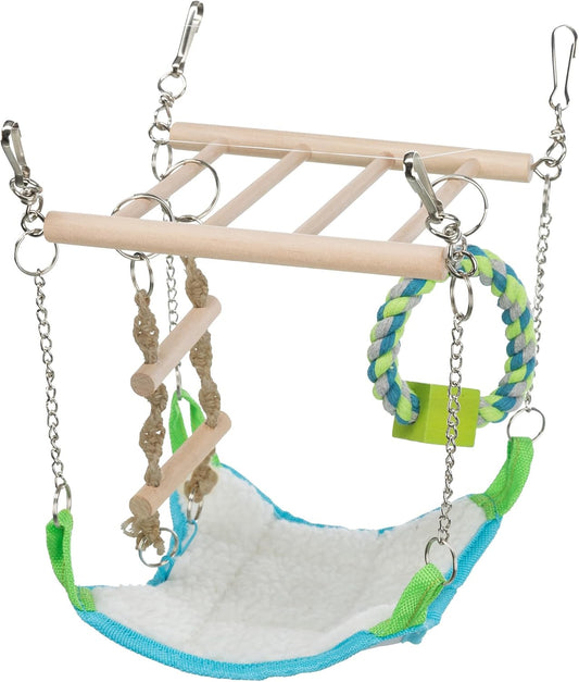 Trixie small animal suspension bridge front view with hanging toys