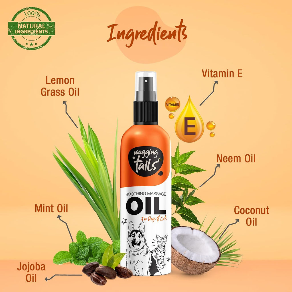 Natural ingredients label on Wagging Tails pet soothing massage oil