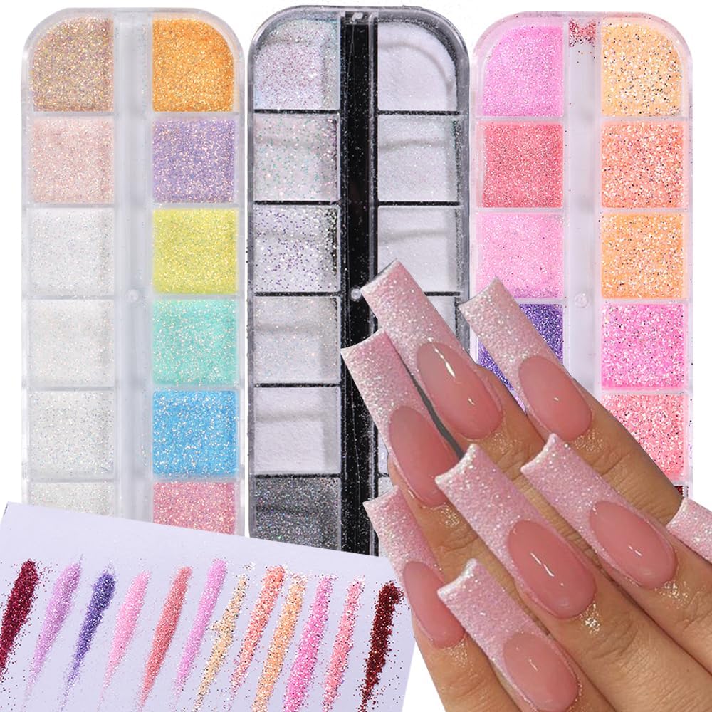 Stzpronail sugar glitter powder set showing all 36 colors in clear view.