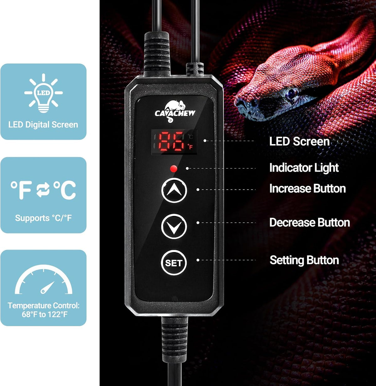 Reptile heating pad connected to thermostat