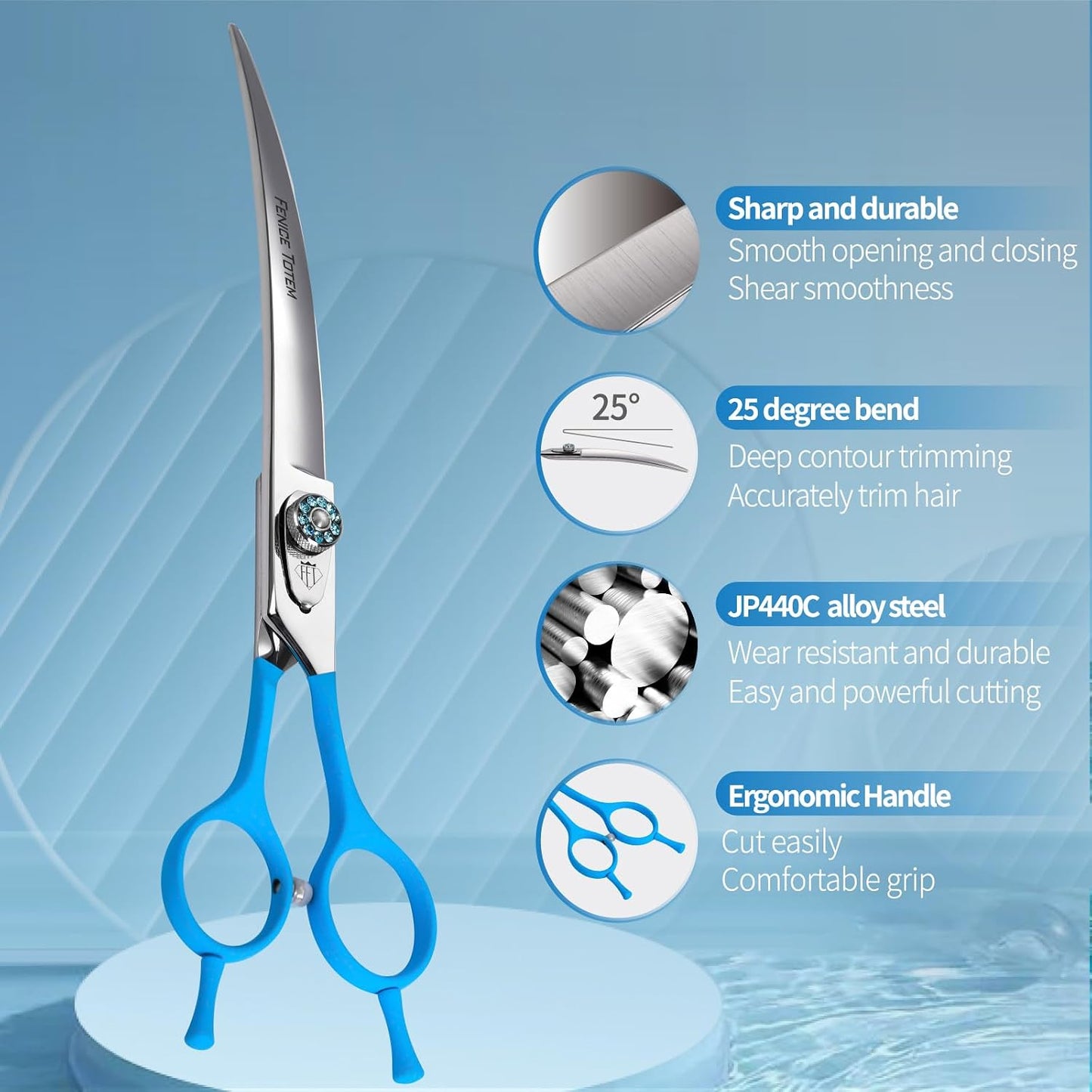 Fenice Totem pet grooming curved scissors highlighting the blue gem-encrusted tension adjustment screw.