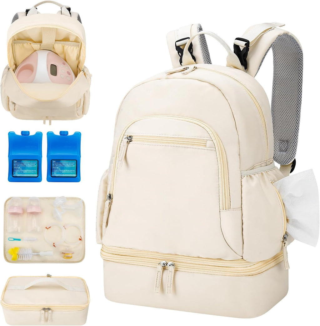 GDNasist Breast Pump Backpack front view in beige color showing dual-layer design.