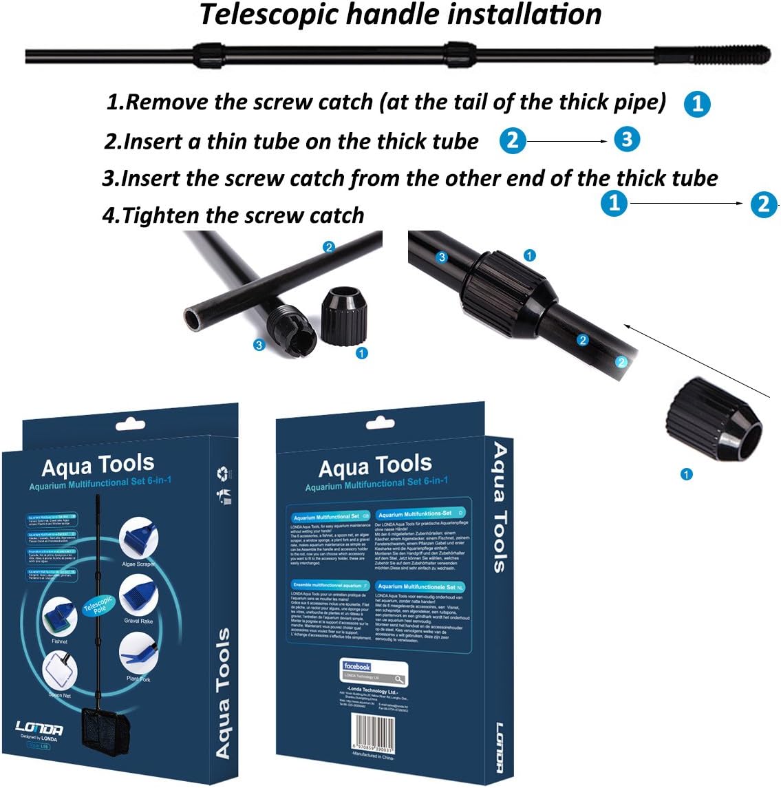 Premium blue and black multi purpose aquarium cleaning kit components spread out
