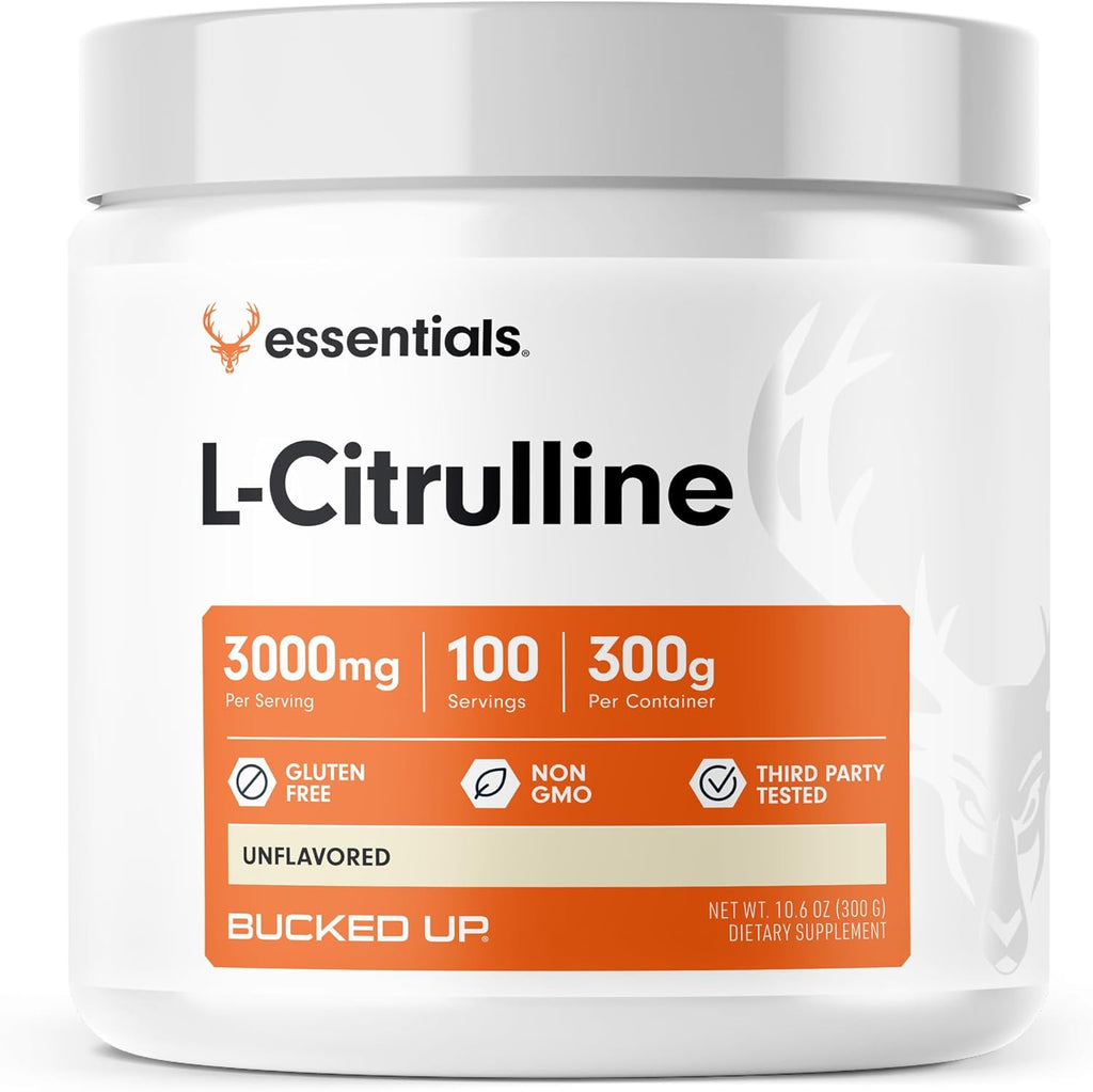 Bucked Up L-Citrulline powder container front view showcasing branding and net weight