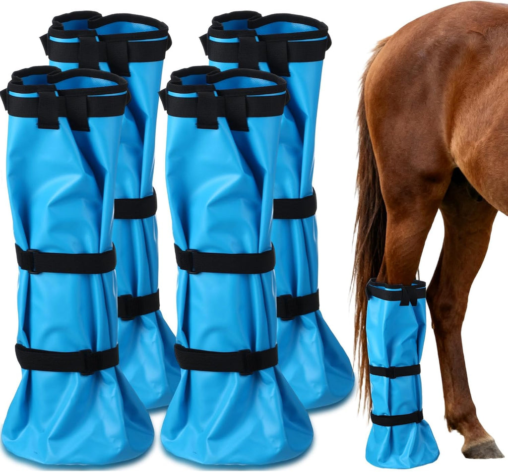 SilTriangle horse hoof soaking boot front view showing the durable blue waterproof fabric and secure leg straps.