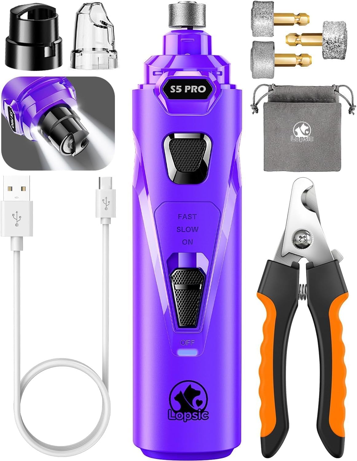 Whisper Quiet Dog Nail Grinder with 4 LED Lights, Safe & Stress-Free for Sensitive Dogs Cats of All Breeds & Sizes, 3 Grinding Bits, 3-Speed, Pet Nail Trimmers, Rechargeable Painless Grooming Kit - Image 12