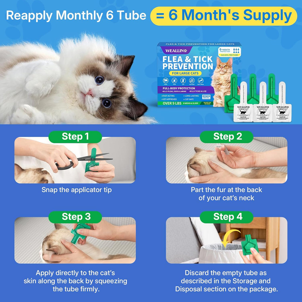 Waterproof flea and tick topical solution for adult cats over nine pounds.