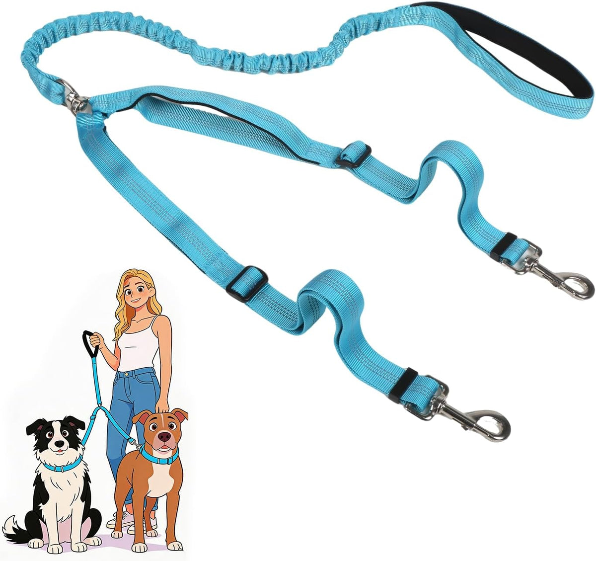 Double Leash for Two Dogs, No Tangle Bungee Dog Leash - Reflective, Comfortable Padded Handles, Bungee Shock Absorbing, Two Point Control Dog Leashes, Black (51-70 in) - Image 9