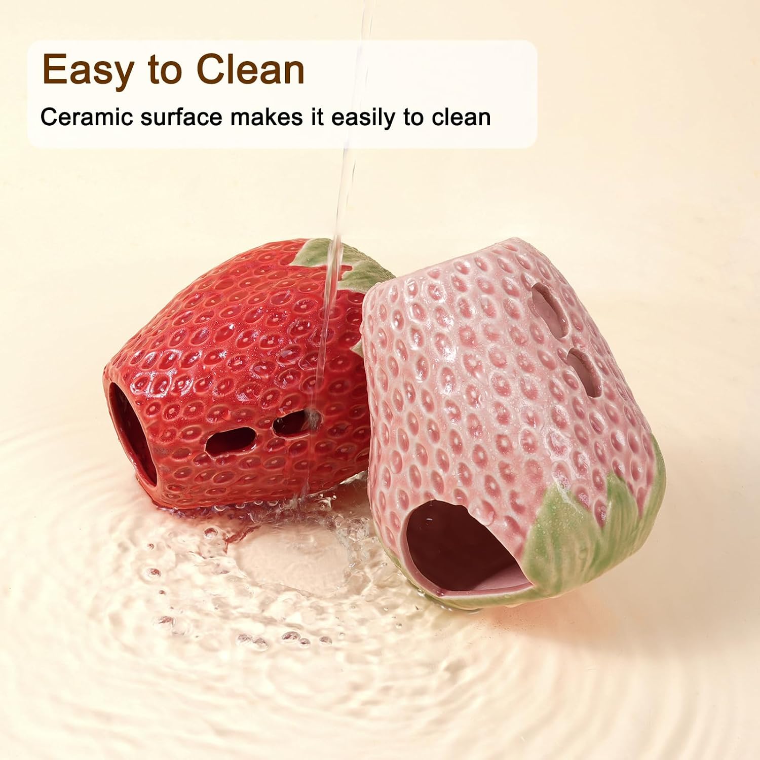 Hamster Water Bottle, Strawberry Ceramic Hamster Gerbil Water Bottle for Glass Tank, Dispenser, 80ML Bottle for Water Holder Stand with 2 No Drip Caps for Syrian Mice, GerbilPink - Image 4