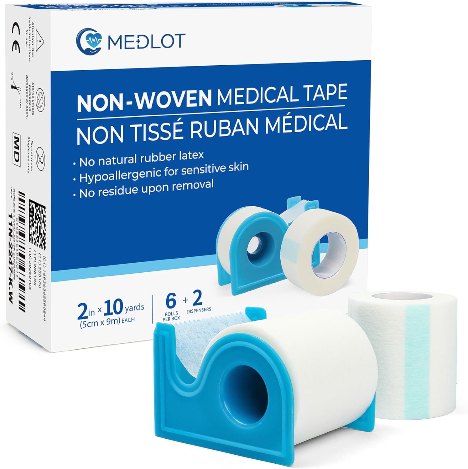 LotFancy Medical Tape front view of package with six rolls and two white dispensers for wound care