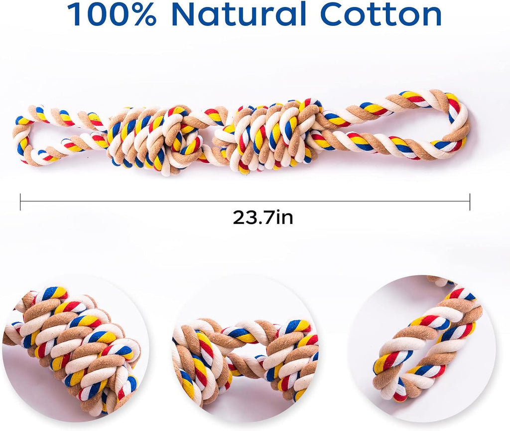 Interactive pet rope toy for plaque removal and dental health care showing the reinforced knots.