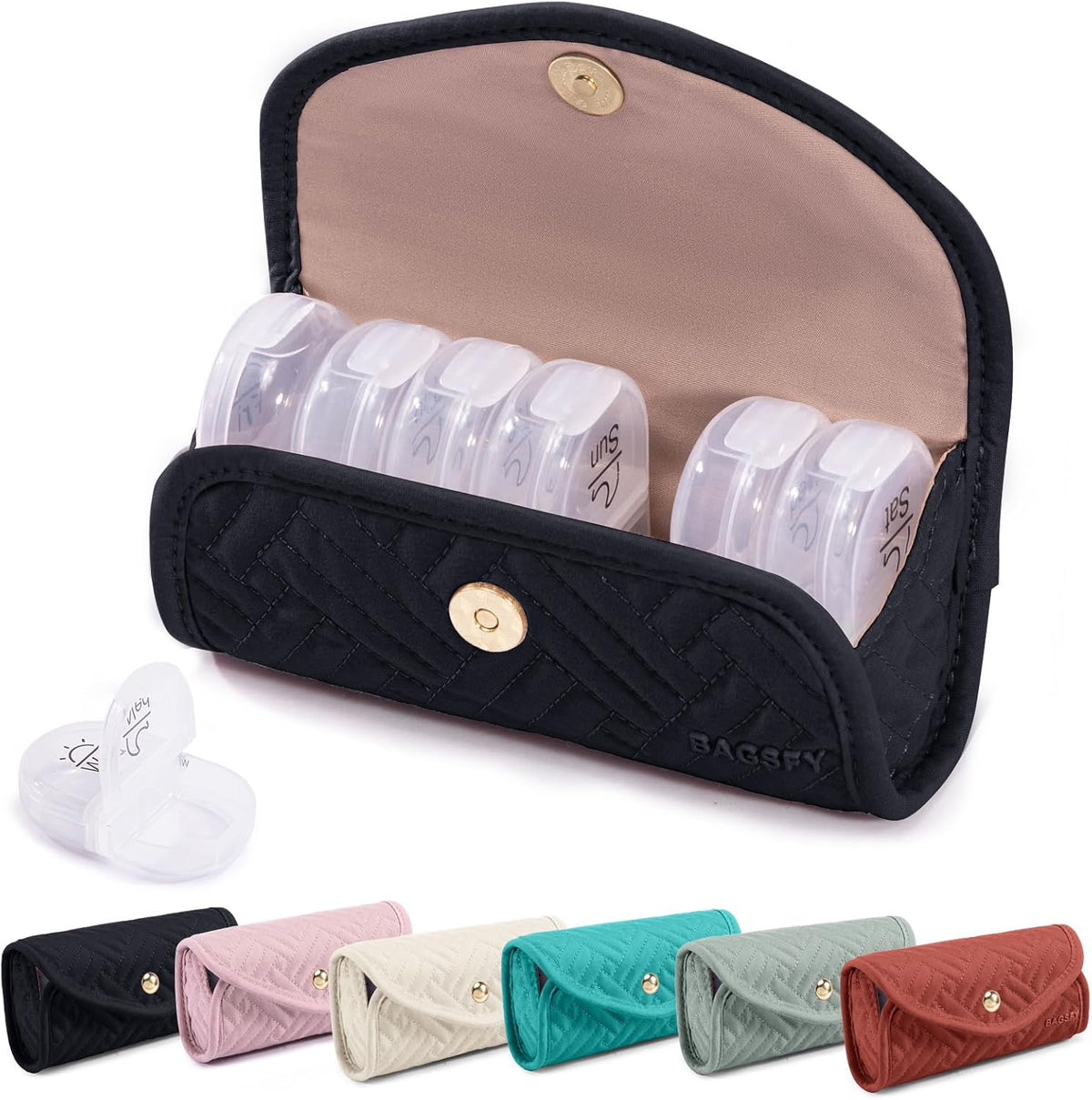 BAGSFY weekly pill organizer front view showing quilted black fabric pouch closed