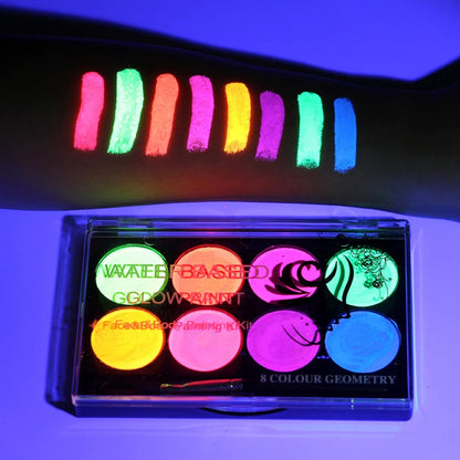 MEICOLY Neon UV Blacklight Face and Body Paint Palette showing eight bright colors front view