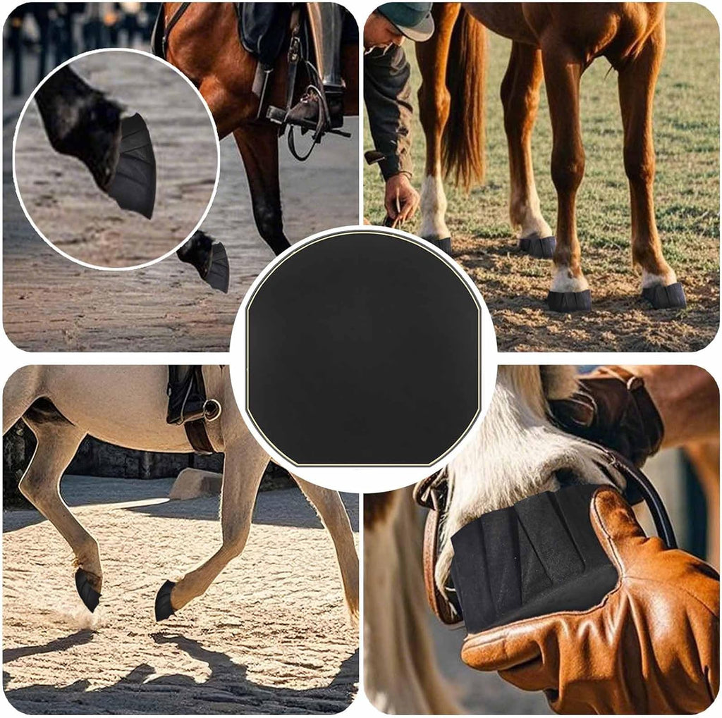 EPICHORIZON horseshoe tape being utilized alongside a therapeutic horse boot for double reinforcement.