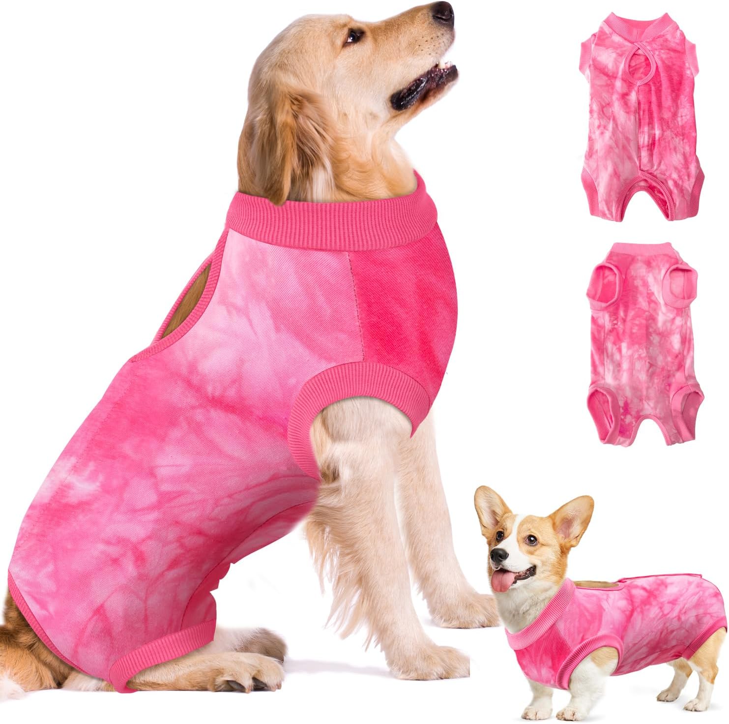 SlowTon dog recovery suit front view pink surgical onesie for large dogs