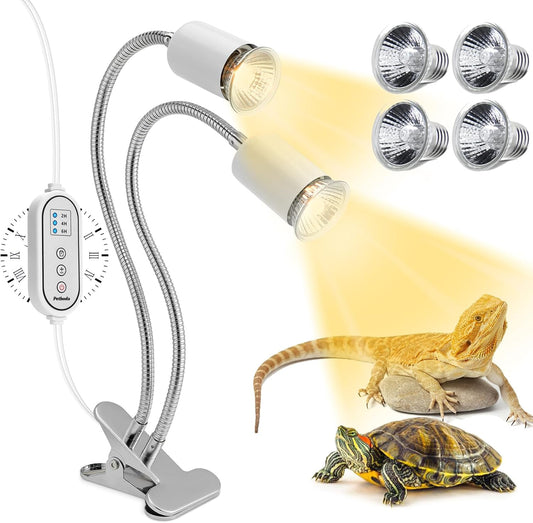 Petboda dual head reptile heat lamp front view clamped on a terrarium glass edge.