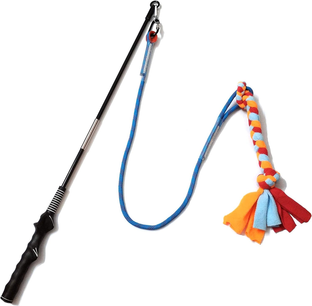 Dewonch interactive flirt pole dog toy front view with blue and red fleece lure