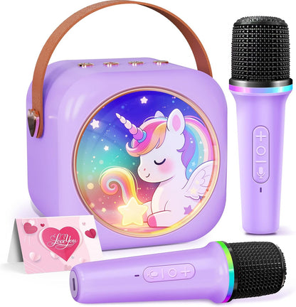 MicQutr kids karaoke machine purple unicorn speaker front view with dual wireless microphones