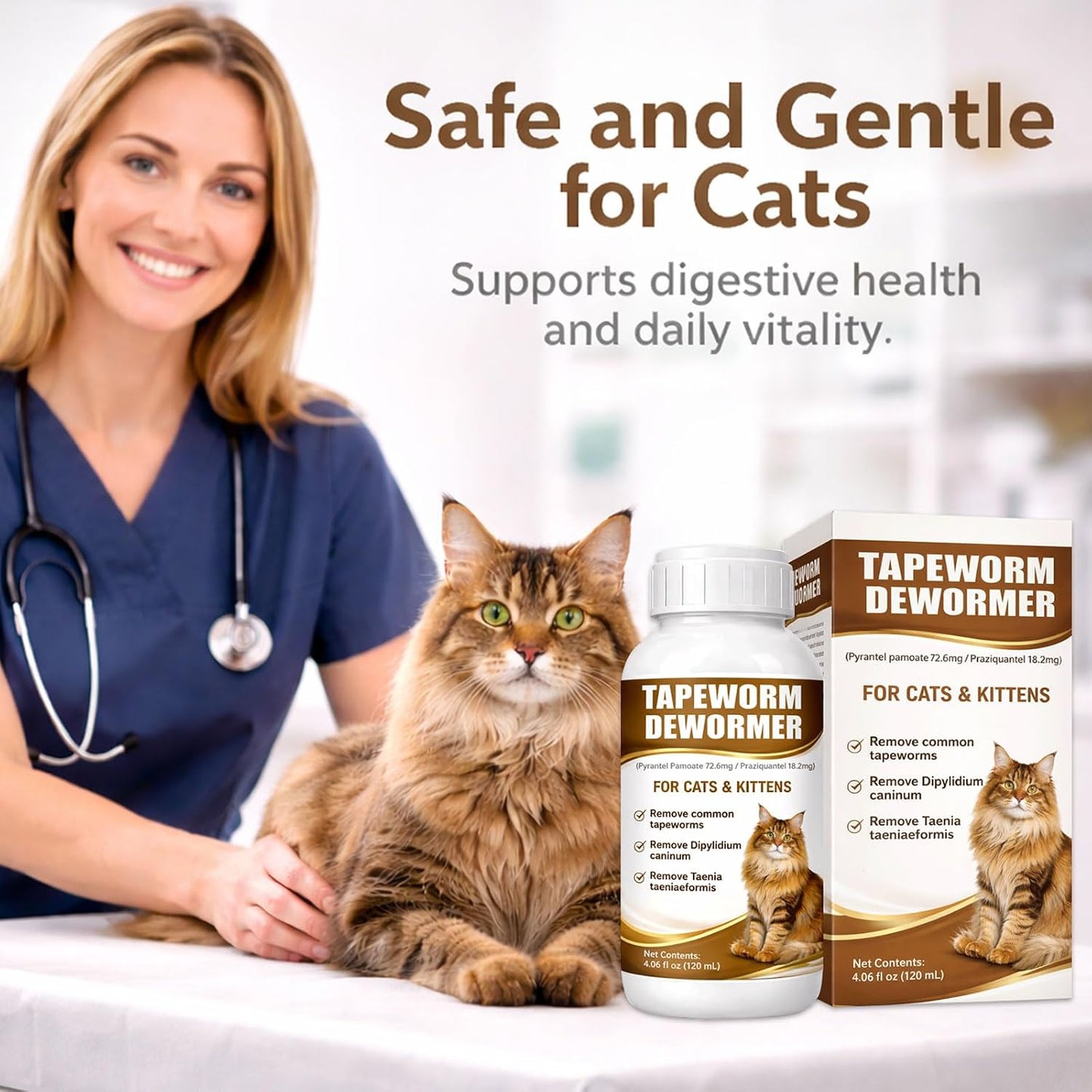 Vet strength liquid tapeworm and roundworm remover for cats.