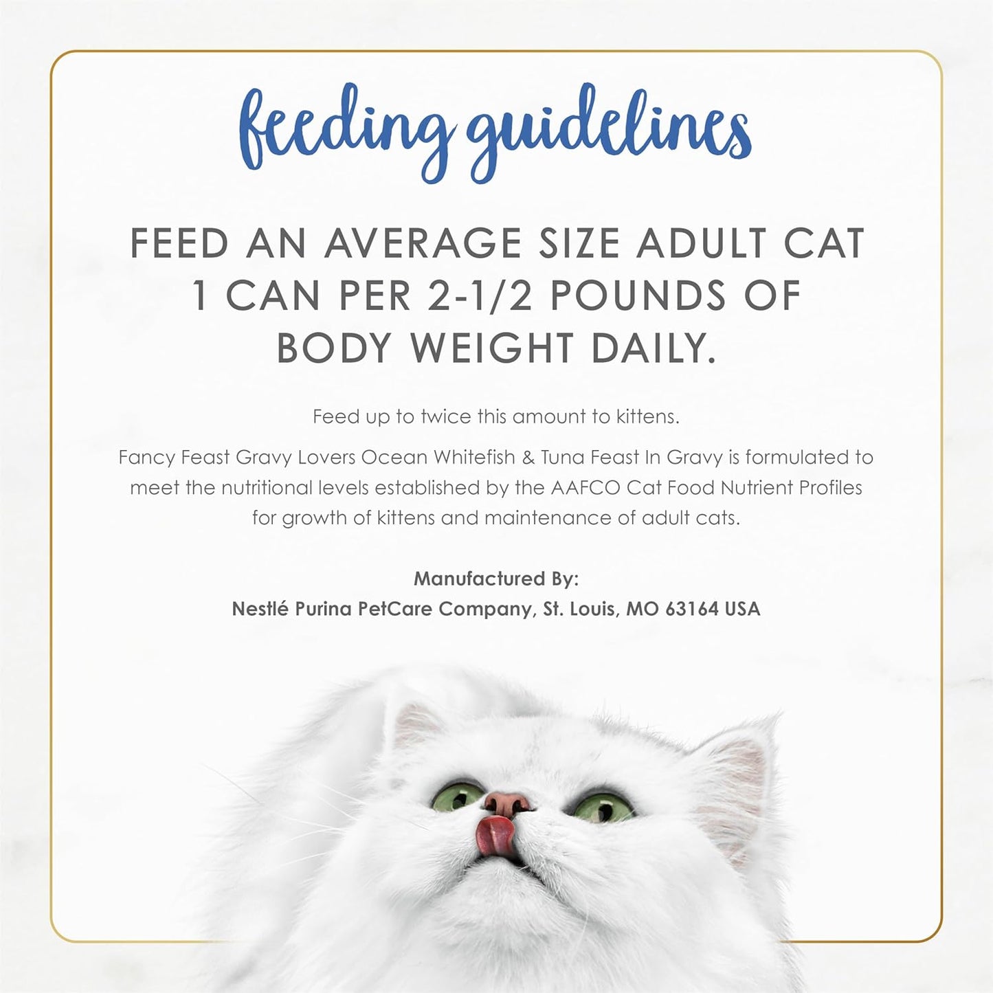 Nutritional information and ingredients on Purina Fancy Feast cat food can