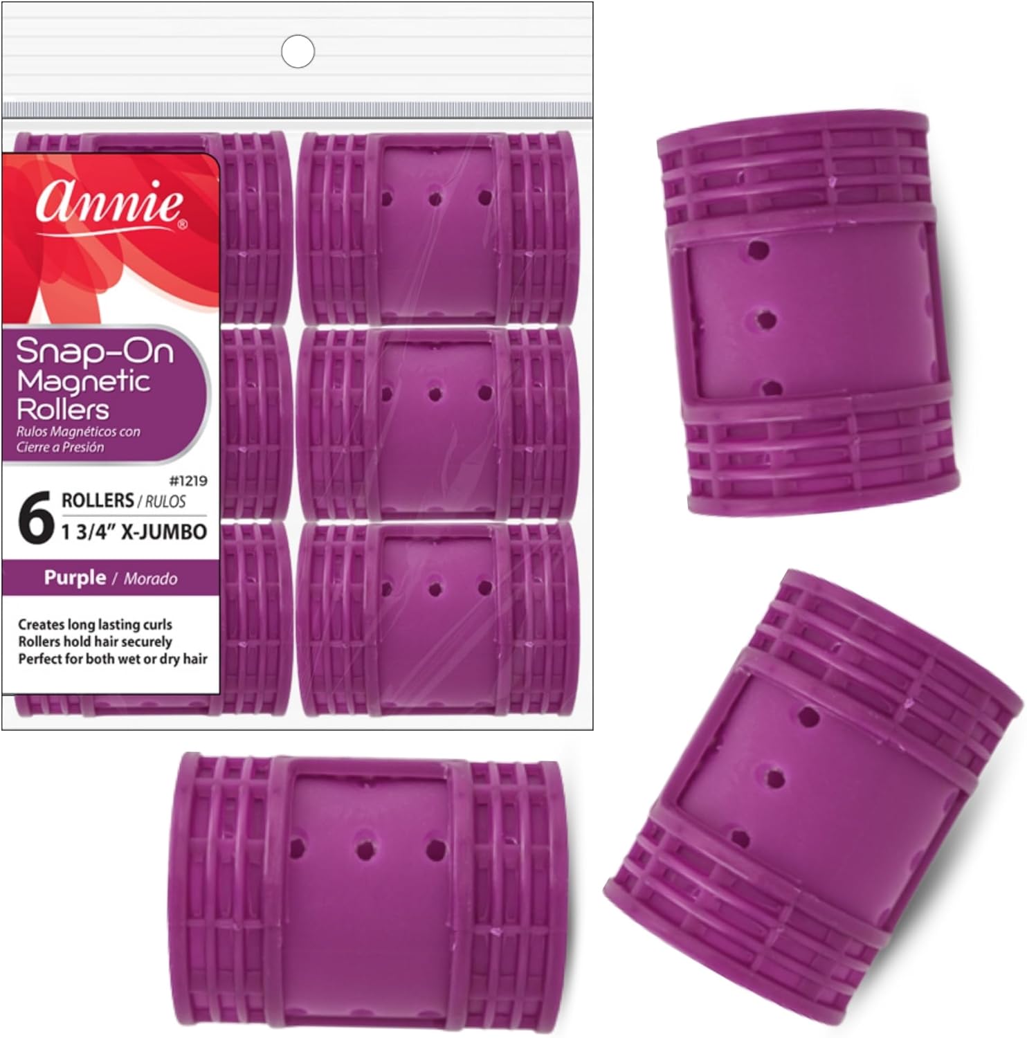 Annie Snap On Magnetic Hair Rollers front view showing six purple rollers