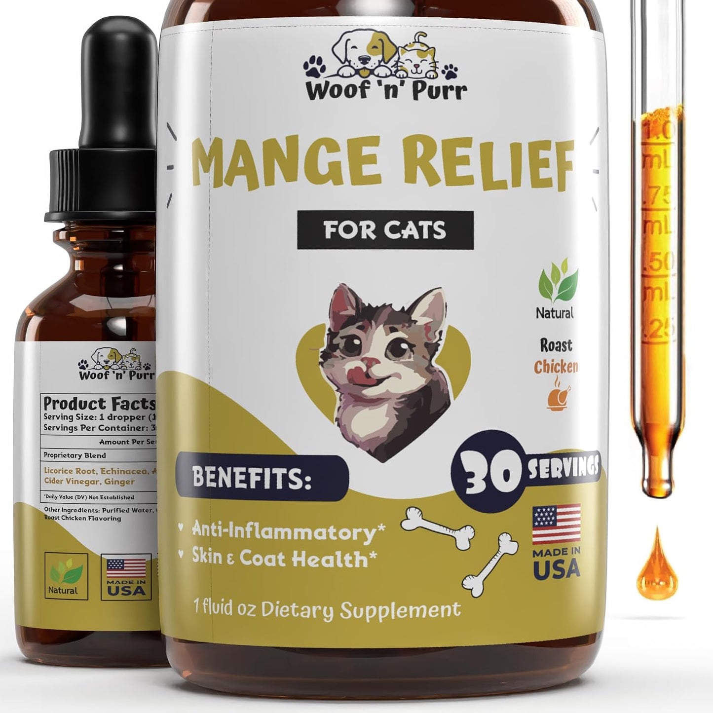 Woof 'N' Purr Natural Cat Mange Treatment front view bottle for feline skin relief.