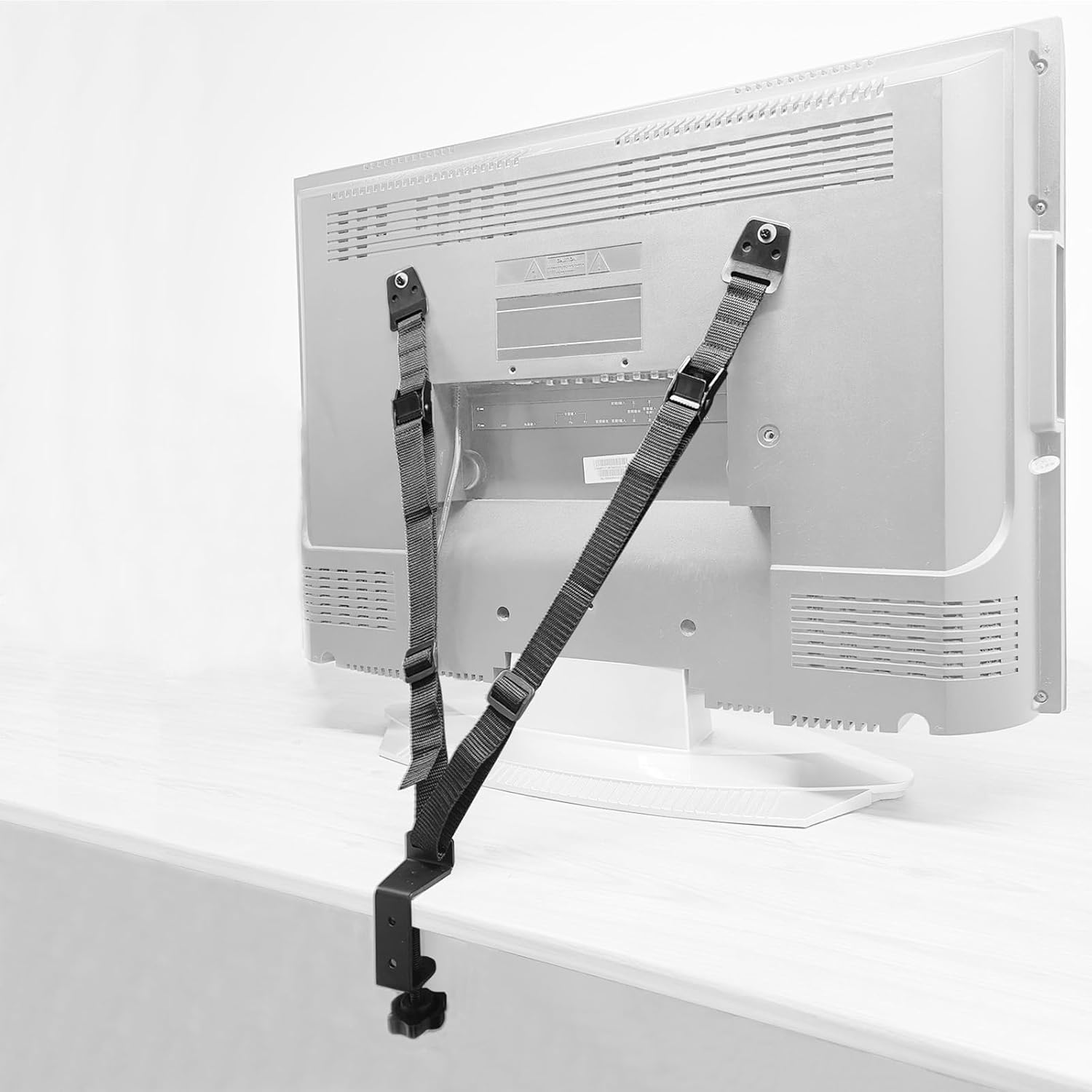 JOLIRSBOX child proof TV safety straps front view showing heavy duty metal plates and black adjustable nylon webbing.